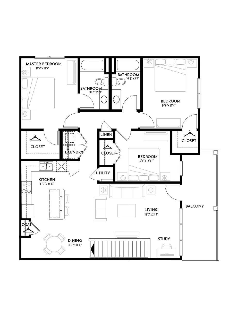 Floor plan 3BR 2BA (1430 SF)