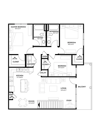 Floor plan 3BR 2BA (1430 SF)