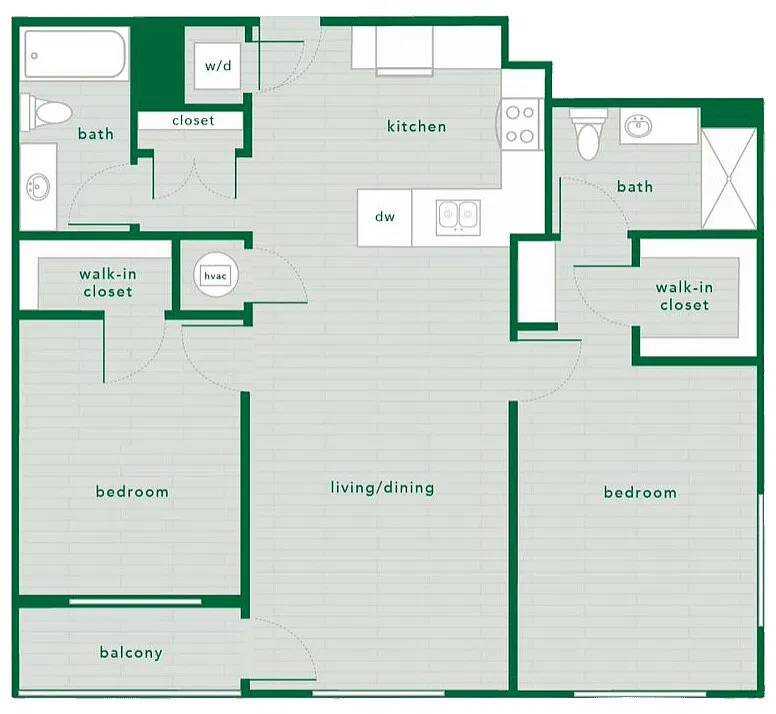 Floor plan 2 Bed 2 Bath - 1,088 Sq. Ft