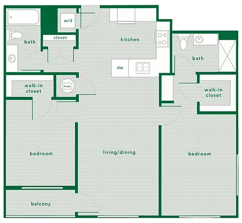 Floor plan 2 Bed 2 Bath - 1,088 Sq. Ft