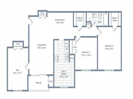 Floor plan 2 Bedroom/2 Bathroom w/ Den - 1093 sq ft