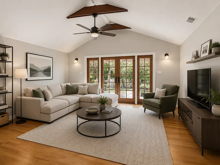 Family room with vaulted ceiling