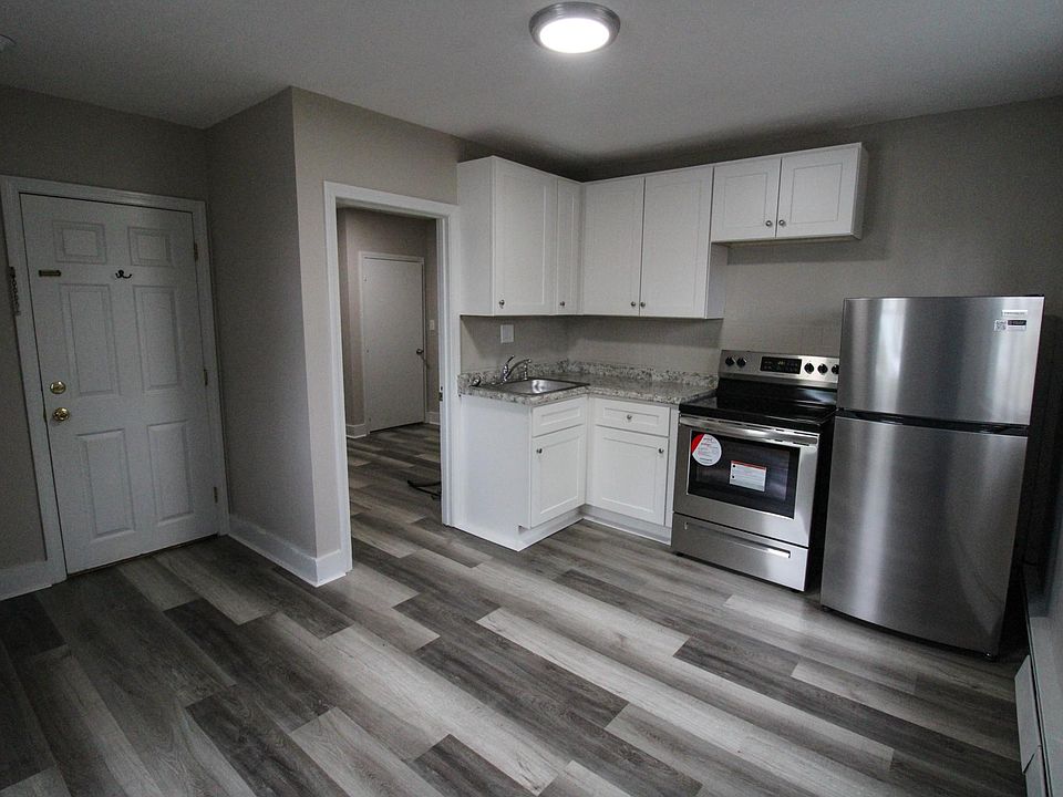 View of entrance and newly updated kitchen with new stainless-steel appliances, premium vinyl plank flooring, brand new kitchen cabinetry!