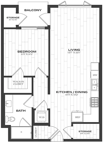 Floor plan 1 Bed/1 Bath-A6a