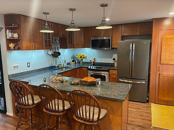 Kitchen. Wood door to the right of the fridge is the pantry. Dishwasher is brand new.