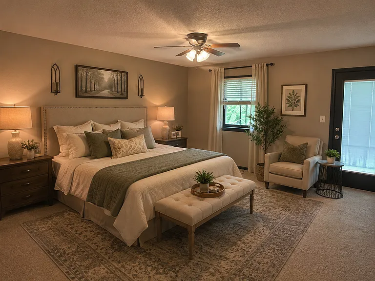 The spacious master bedroom features a private en suite, creating a comfortable retreat. A door from the bedroom opens directly onto a private deck, offering the perfect spot to enjoy your morning coffee or unwind in the evening in complete privacy.