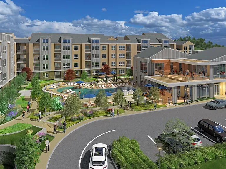Pool, sundeck, and two-story clubhouse (Rendering)