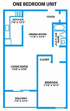 Floor plan A1 One Bedroom One Bath 785sf
