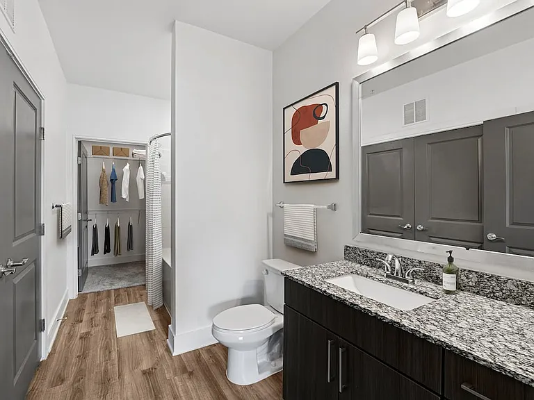 Bath with espresso cabinetry, speckled granite countertops, and hard surface flooring