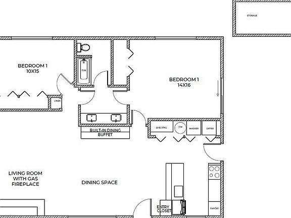 Floor plan of two bedroom, one bath