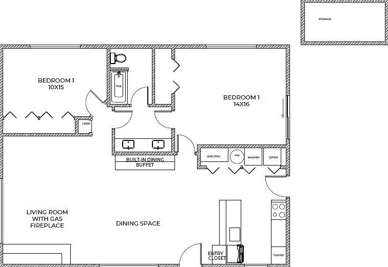 Floor plan of two bedroom, one bath