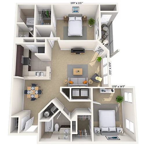 Floor plan Traditional 2x2 1127-1140 SF