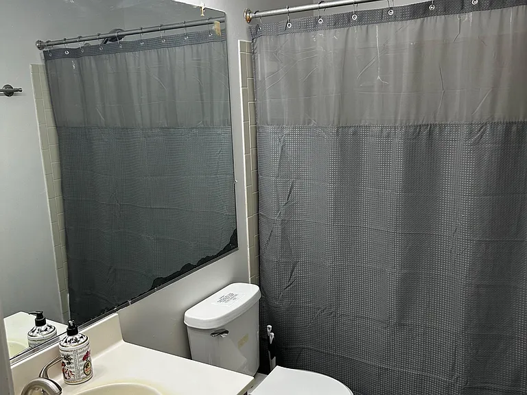 Full bathroom with vanity sink, large mirror, and a shower/tub combo with curtainideal for everyday routines.