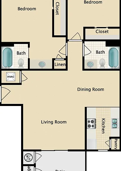 2 Bed 2 Bath Floorplan Diagram