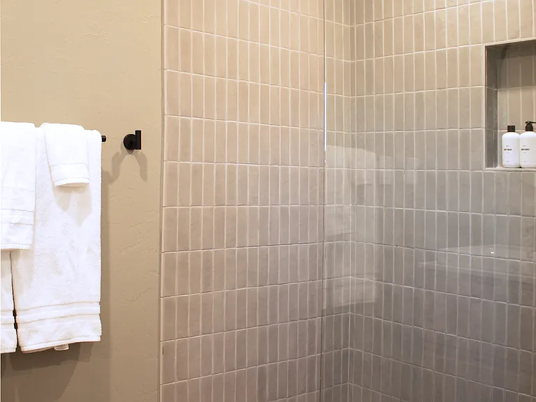 Walk-in shower with modern tile and glass enclosure in the primary bathroom.