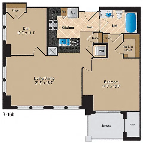 Floor plan 1 Bedroom + Den, 1 Bath 909 SF AD2