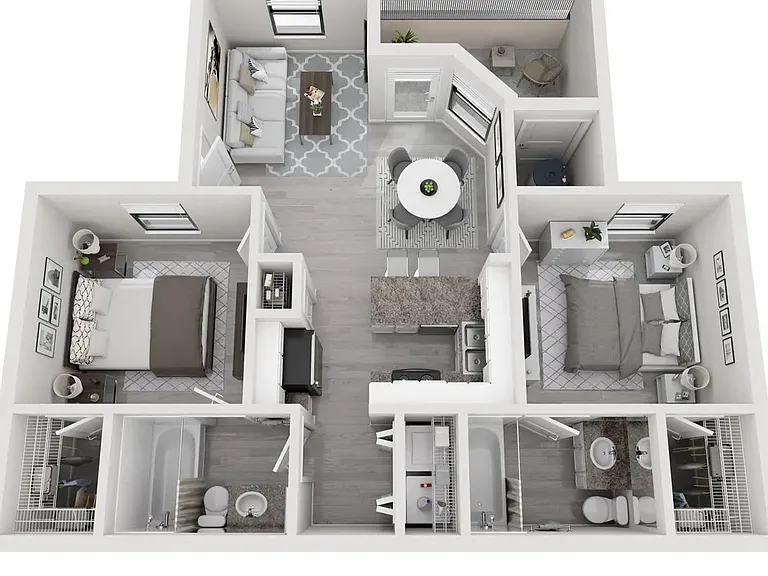 A 3D floor plan rendering of The Oasis.