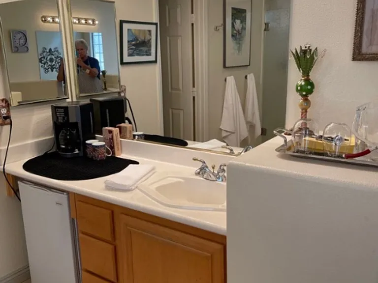 Mini Fridge, coffee maker, drawers with utensils, dishes,cabinbet with cutting boards, plastic tub for washing dishes, wine glasses, ice bucket