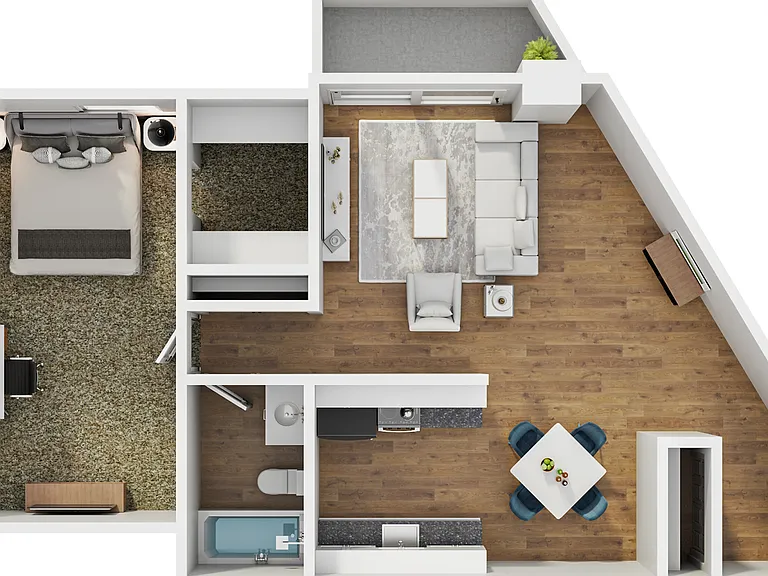 I bedroom, box shape bedroom