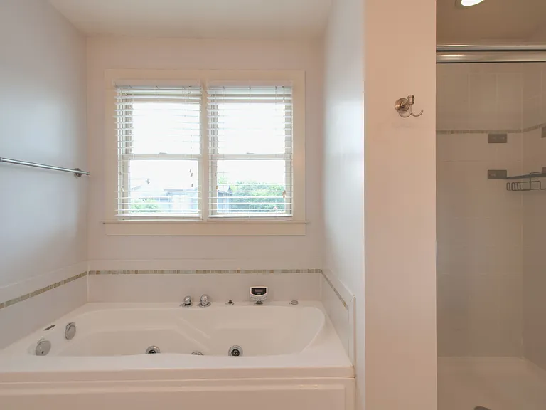 primary bath has a walk-in shower and a separate tub