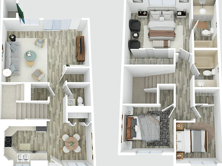 Explore this elegant two-story apartment designed for modern living. Explore this elegant two-story apartment designed for modern living.