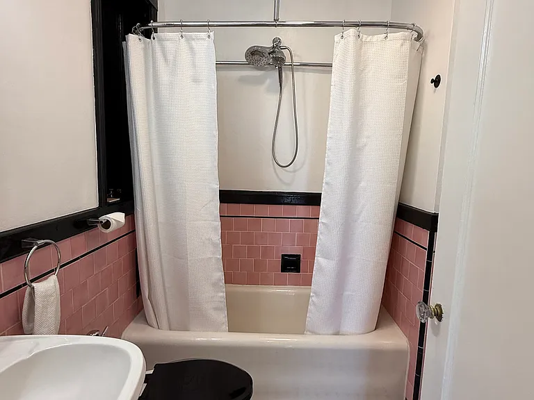 Spic & span bathroom! Brand new waffle cloth shower curtains over shower/tub, pedastal sink, toilet with brand new black toilet seat, freshly grouted tile floor and wide glass shelving to store towels.
