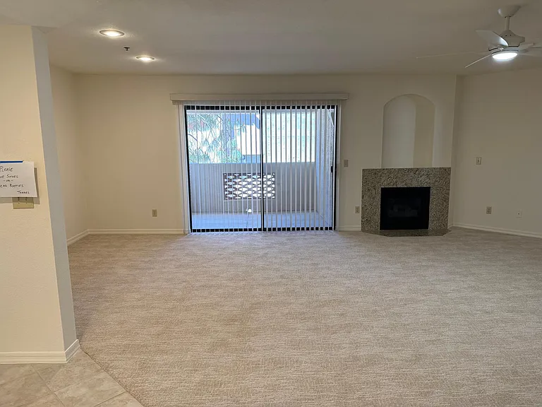 Dining and great room have a private and spacious balcony just outside the Arcadia doors. Blinds are brand new and provide light and openness or complete privacy. Working gas fireplace is a bonus.