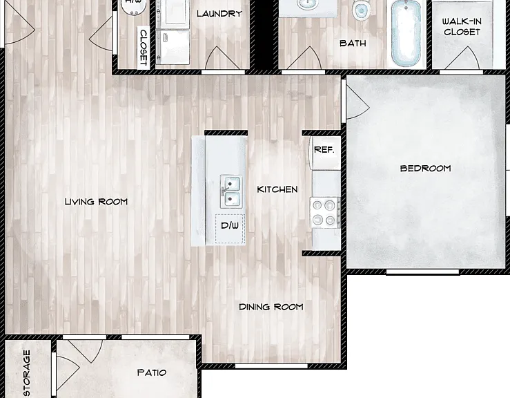 1 Bed 1 Bath Floorplan Diagram