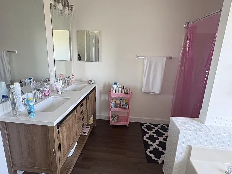 Spacious bathroom with dual-sink vanity, generous counter space, and a tub/shower combo with convenient storage.