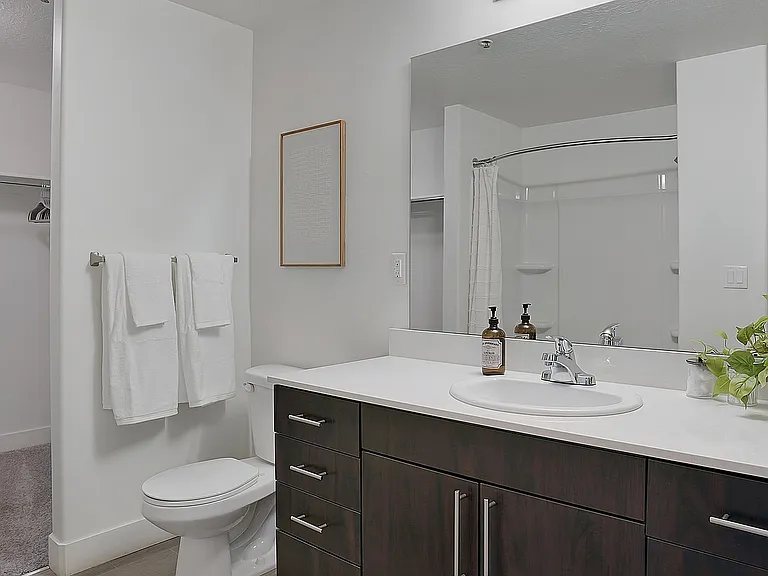 Modern bathroom vanity with clean finishes and ample storage.