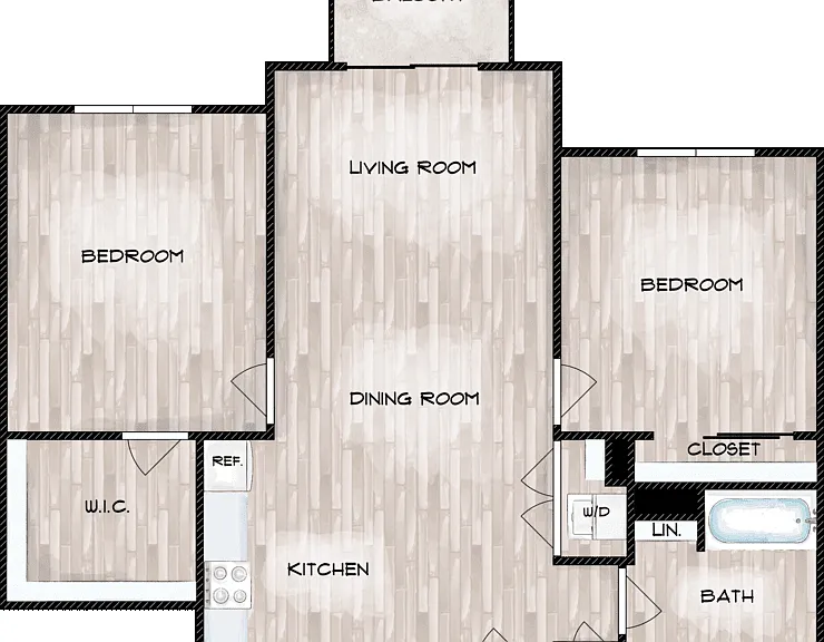 2 Bed 1 Bath B Floorplan Diagram