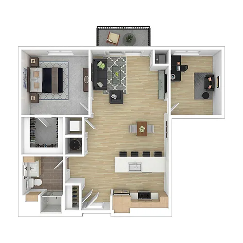 Floor plan One Bed One Bath, Den, 1F