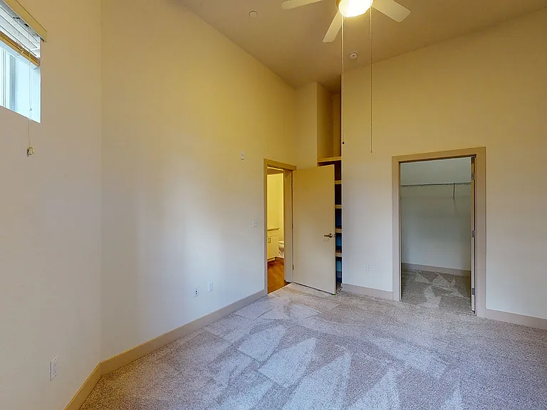 Spacious apartment bedroom with large closet and plush carpet flooring.