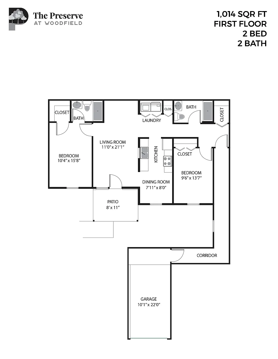 Floor plan 2 Bedroom 2 Bath (1014 Sq. Ft.)