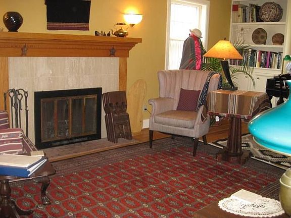 Hardwood floors and fireplace