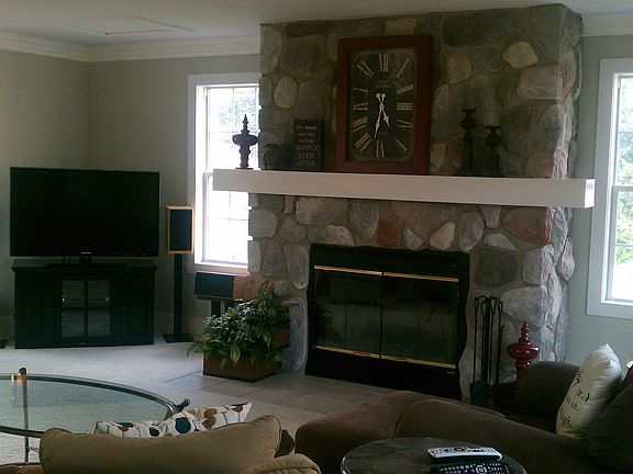Stone fireplace in family room