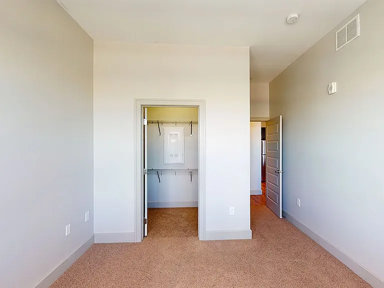 Spacious apartment bedroom with large closet and plush carpet flooring.