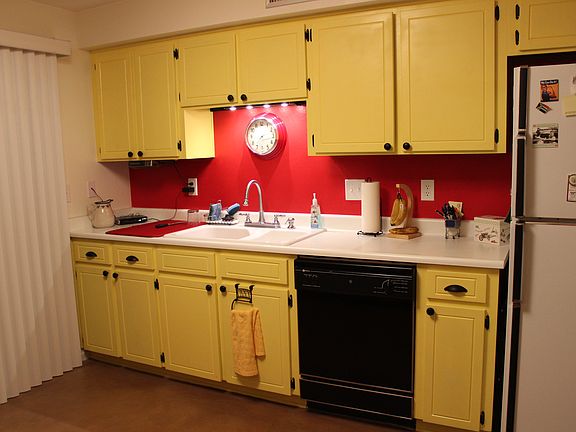 Kitchen with access to backyard. Pocket door. Electric range/oven and fridge.