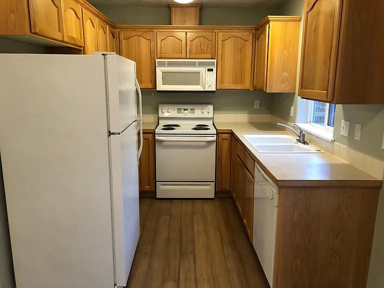 Fully equipped kitchen with range, fridge, dishwasher and microwave. Great wooded view from kitchen window.