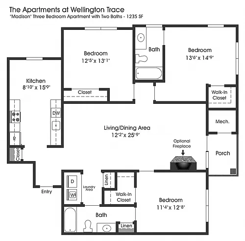 Floor plan 3BR 2BA (1235sf)