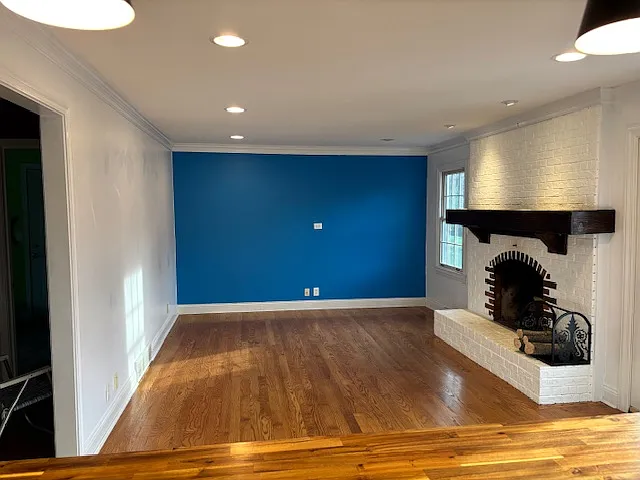 back of house family room and fireplace