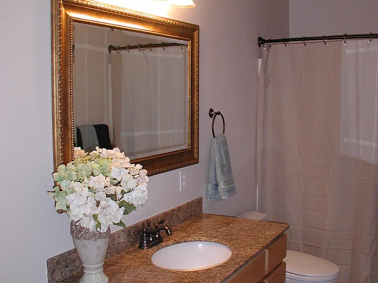 Solid maple cabinetry, framed plate glass, elegant ambient overhead lighting right where you need it, rubbed bronze matching fixtures, quiet, covered toilet, shower in tub, curved curtain rod. Flooring matches kitchen - oversize glared ceramic tile.
