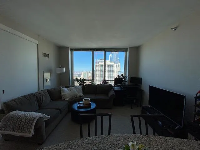 View from the kitchen behind the island.