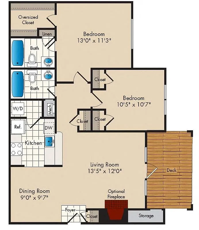 Floor plan 2 Bedroom/2 Bath - 950 square feet