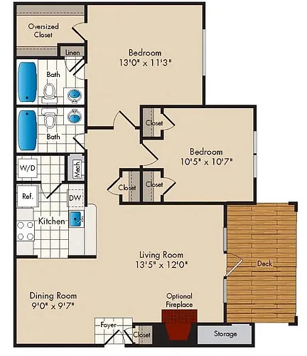 Floor plan 2 Bedroom/2 Bath - 950 square feet