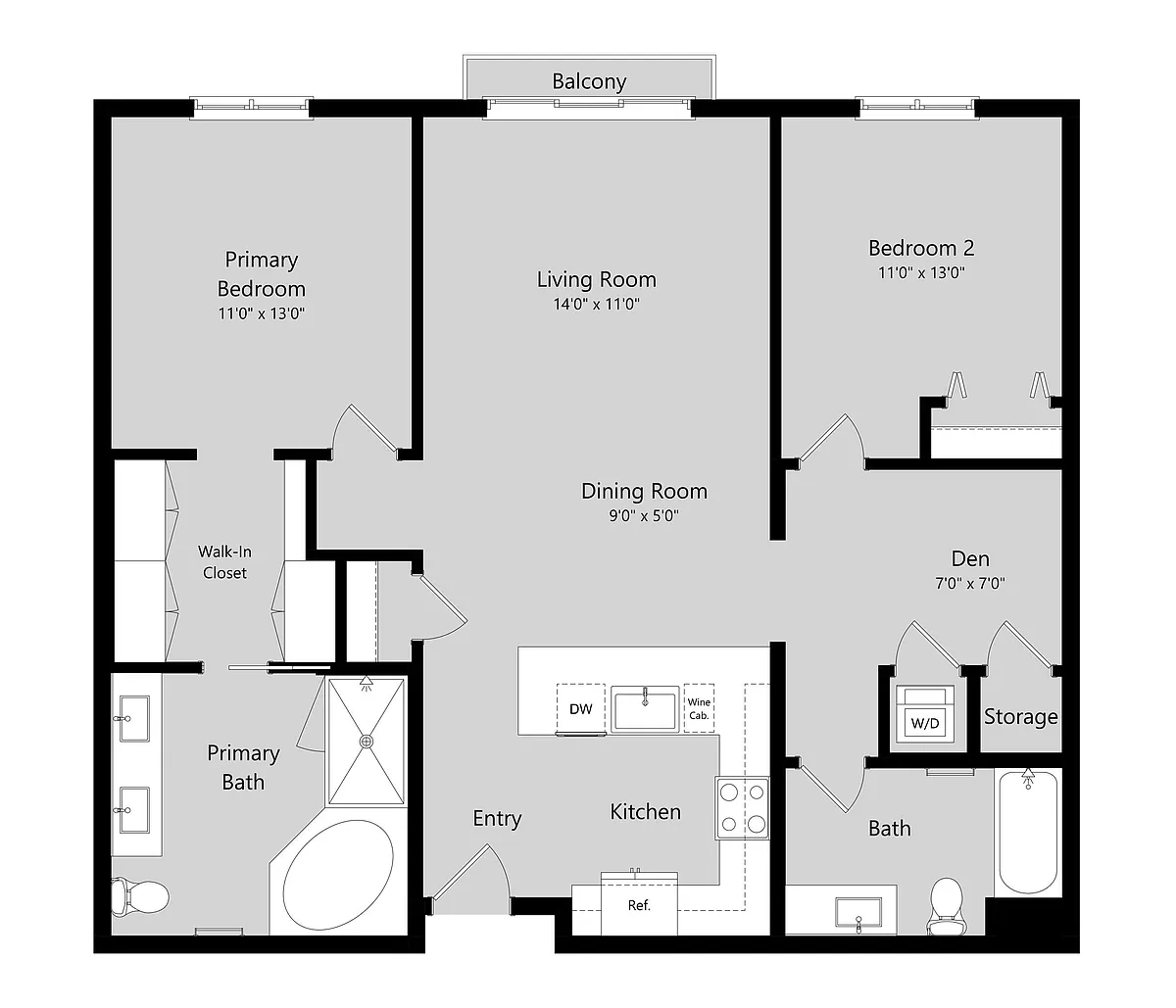 Floor plan 2 Bed 2 Bath Flat + Den A