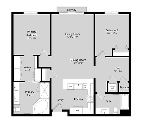 Floor plan 2 Bed 2 Bath Flat + Den A