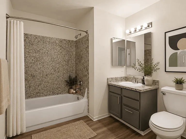 Modern bathroom with a full-size bathtub, vanity storage, and updated finishes. Modern bathroom with a full-size bathtub, vanity storage, and updated finishes.