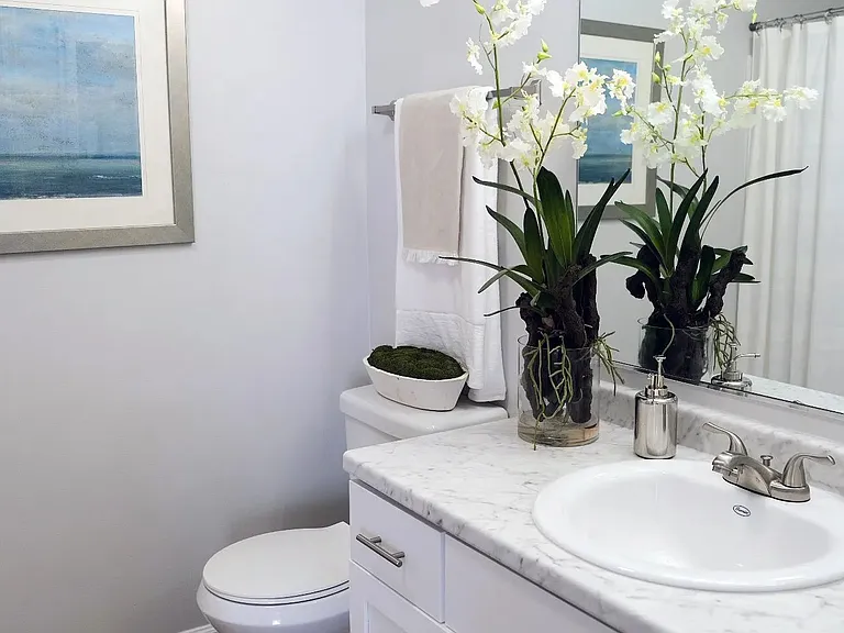 Indulge in modern, upscale living with our Carrara marble-inspired countertop and expansive mirrors.