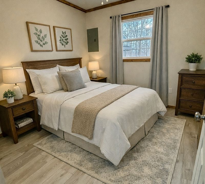 Bedroom with a view!

Note: These are real photos of the cabin, we've just added AI staging in a few to help you picture how it could look furnished.